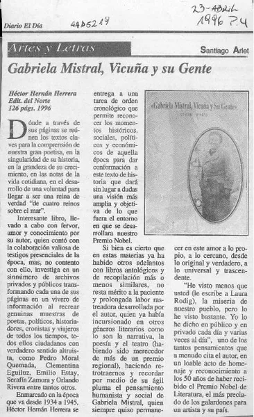 Gabriela Mistral, Vicuña y su Gente  [artículo] Santiago Arlet.
