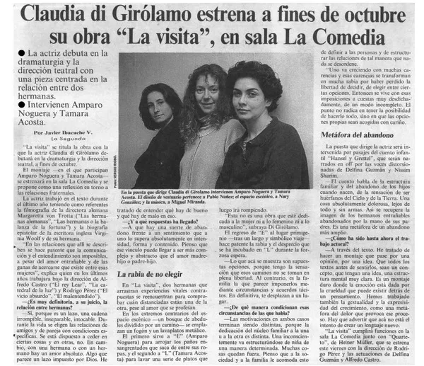 Claudia Di Girolamo estrena a fines de octobre su obra "La visita"  [artículo] Javier Ibacache V.