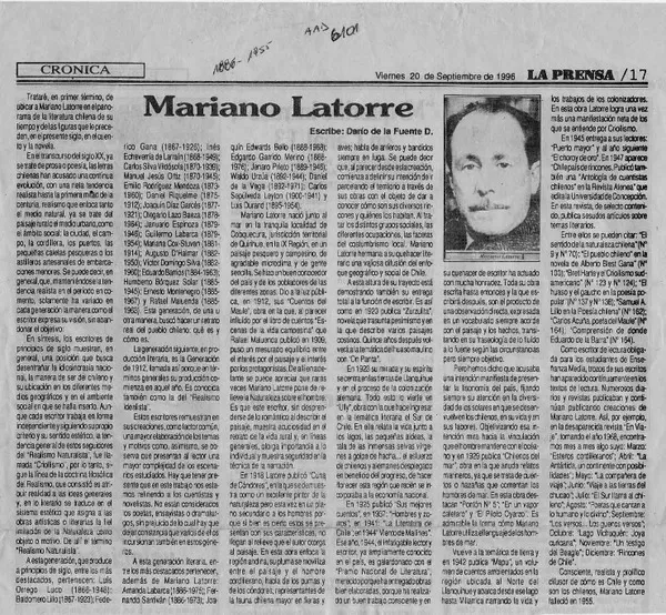 Mariano Latorre  [artículo] Darío de la Fuente D.