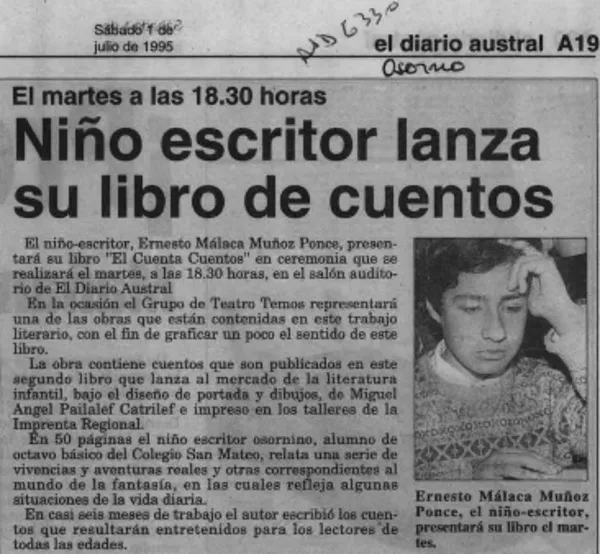 Niño escritor lanza su libro de cuentos  [artículo].