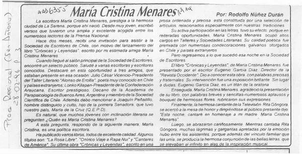 María Cristina Menares  [artículo] Rodolfo Nuñez Durán.