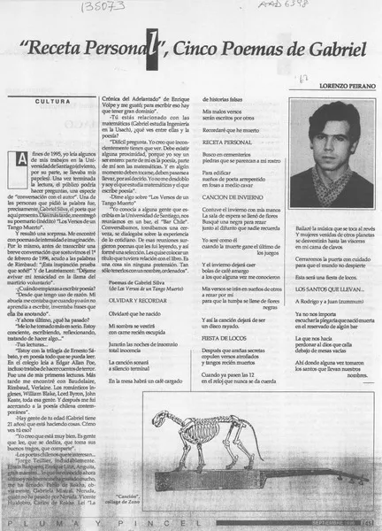 "Receta personal", cinco poemas de Gabriel  [artículo] Lorenzo Peirano.