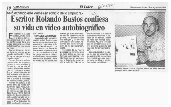 Escritor Rolando Bustos confiesa su vida en video autobiográfico  [artículo].