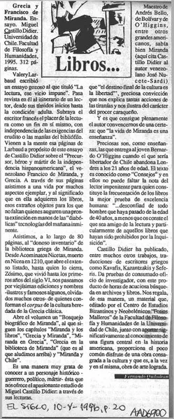 Grecia y Francisco de Miranda  [artículo] Fernando Quilodrán.