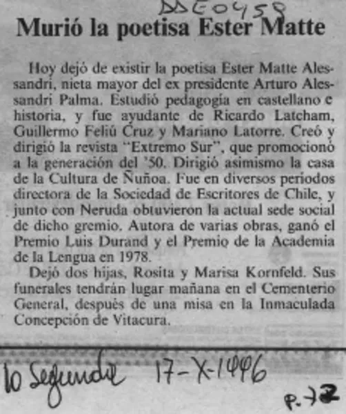 Murió la poetisa Ester Matte  [artículo].
