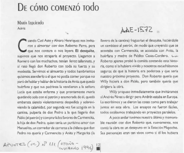 De cómo comenzó todo  [artículo] María Izquierdo.