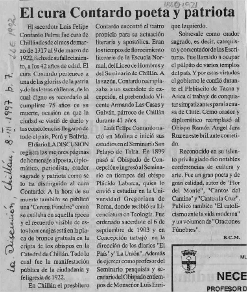 El cura Contardo poeta y patriota  [artículo] R. C. M.