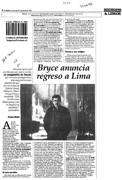 Bryce anuncia regreso a Lima  [artículo] Xavier Moret.
