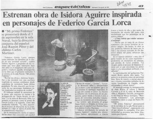 Estrenan obra de Isidora Aguirre inspirada en personajes de Federico García Lorca  [artículo] J. I. V.