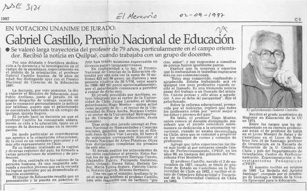 Gabriel Castillo, Premio Nacional de Educación  [artículo].