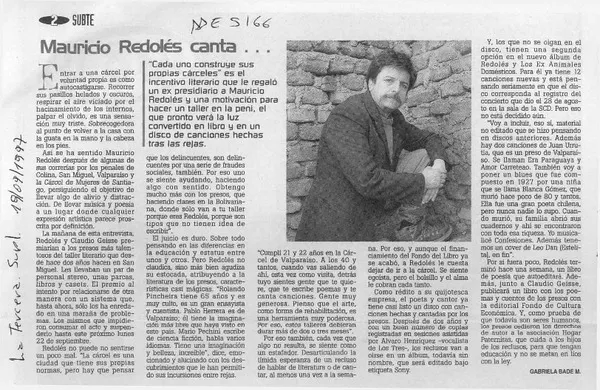 Mauricio redolés canta  [artículo] Gabriela Bade M.