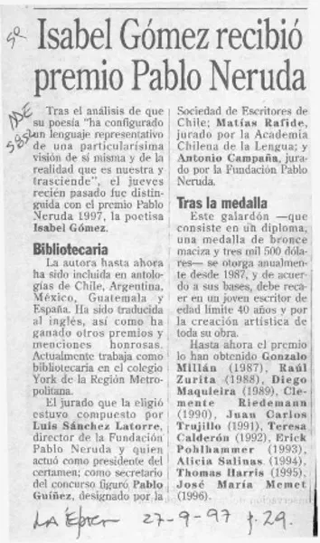 Isabel Gómez recibió premio Pablo Neruda  [artículo].