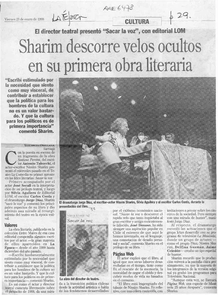 Sharim descorre velos ocultos en su primera obra literaria  [artículo] Elizabeth Orellana.