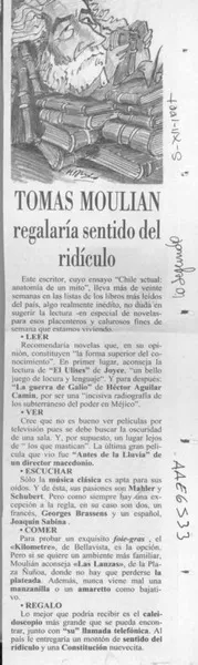 Tomas Moulian regalaría sentido del ridículo  [artículo].
