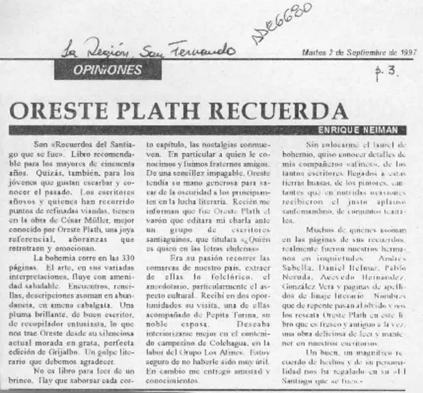 Oreste Plath recuerda  [artículo] Enrique Neiman.