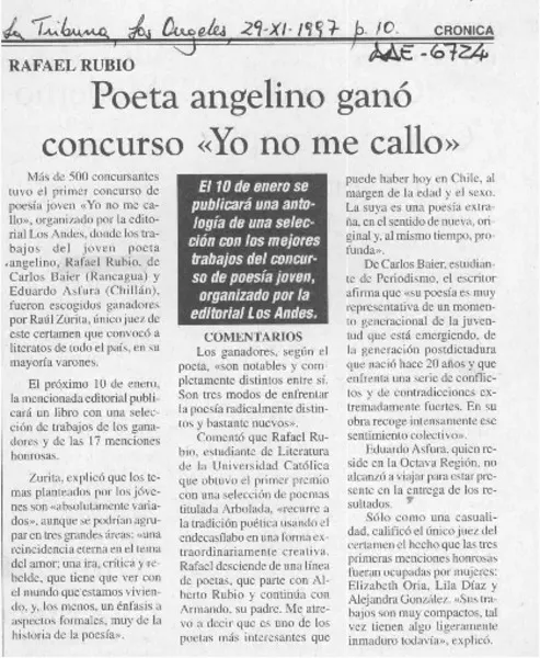 Poeta angelino ganó concurso "Yo no me callo"  [artículo].