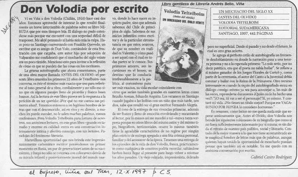 Don Volodia por escrito  [artículo] Gabriel Castro Rodríguez.