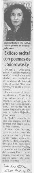 Exitoso recital con poemas de Jodorowsky.  [artículo]
