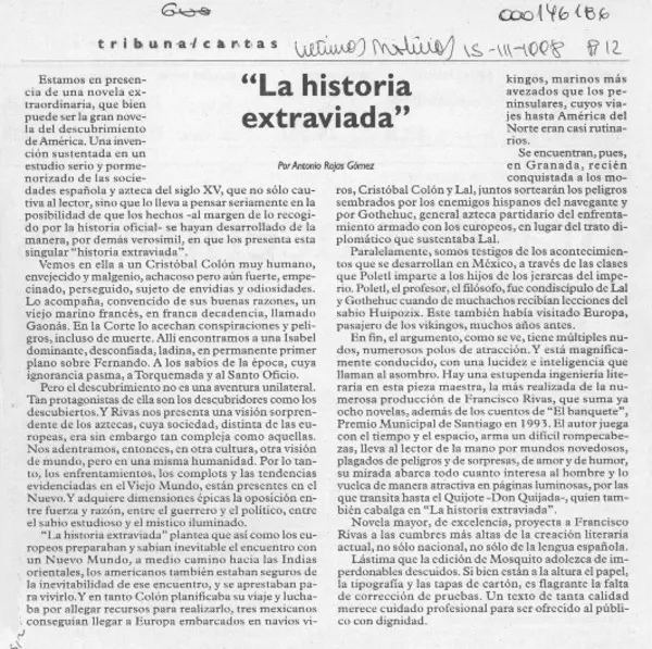 "La historia extraviada"  [artículo] Antonio Rojas Gómez.