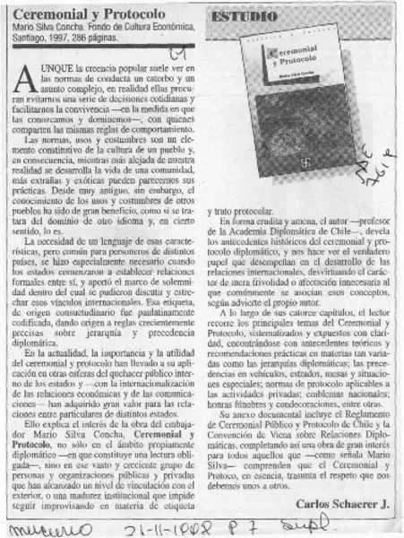 Ceremonial y protocolo  [artículo] Carlos Schaerer J.