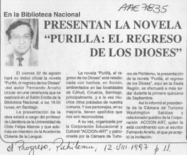 Presentan la novela "Purillá, el regreso de los dioses"  [artículo].