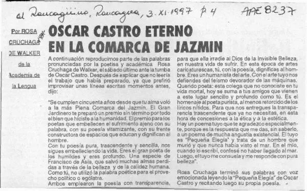 Oscar Castro eterno en la comarca de jazmín  [artículo] Rosa Cruchaga de Walker.