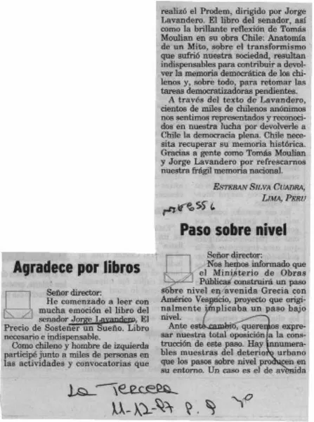 Agradece por libros  [artículo] Esteban Silva Cuadra.