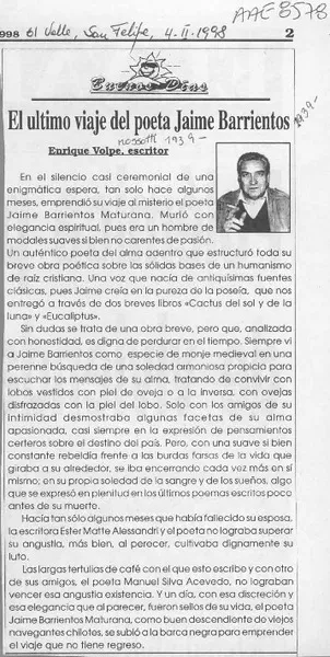 El último viaje del poeta Jaime Barrientos  [artículo] Enrique Volpe.