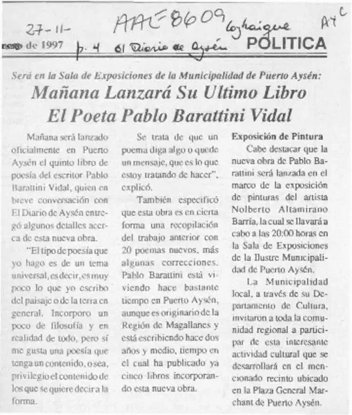 Mañana lanzará su último libro el poeta Pablo Barattini Vidal  [artículo].