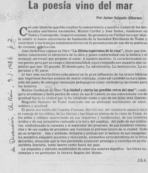 La poesía vino del mar  [artículo] Jaime Salgado Albornoz.