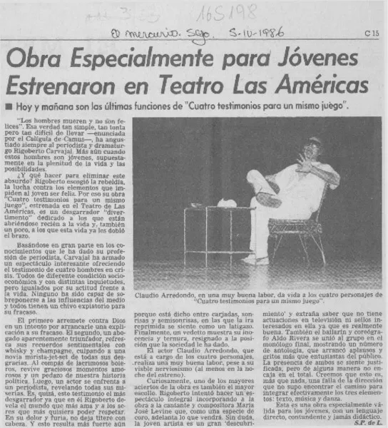 Obra especialmente para jóvenes estrenaron en Teatro Las Américas  [artículo] S. P. de L.