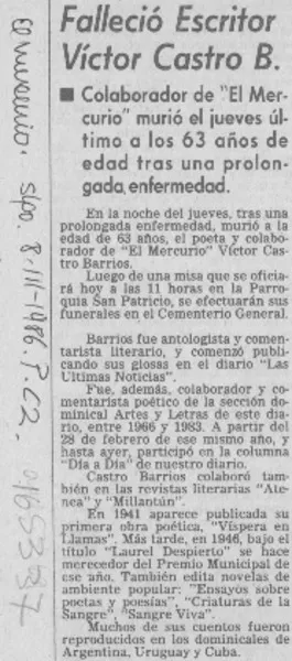 Falleció escritor Víctor Castro B.  [artículo].