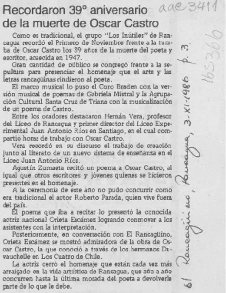 Recordaron 39 aniversario de la muerte de Óscar Castro  [artículo].