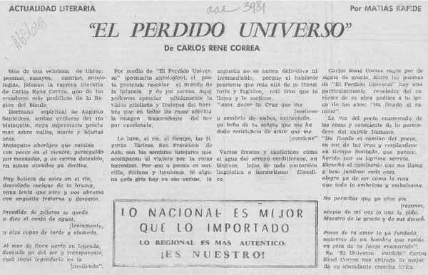 "El perdido universo"  [artículo] Matías Rafide.