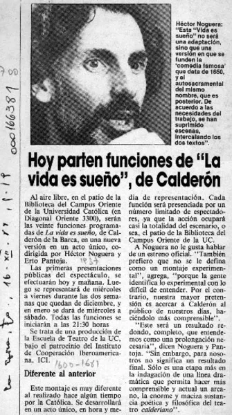 Hoy parten funciones de "La vida es sueño", de Calderón  [artículo].