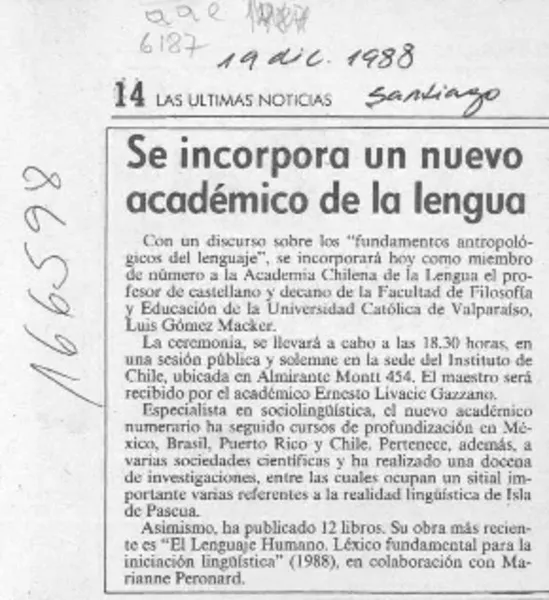 Se incorpora un nuevo académico de la lengua  [artículo].