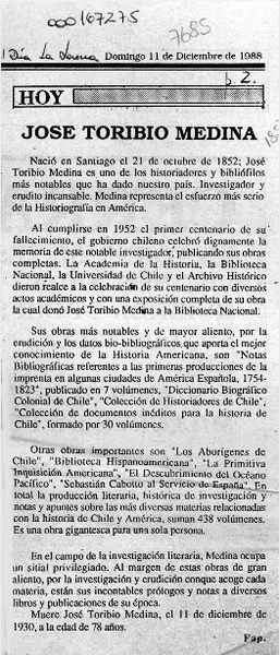 José Toribio Medina  [artículo] Fap.