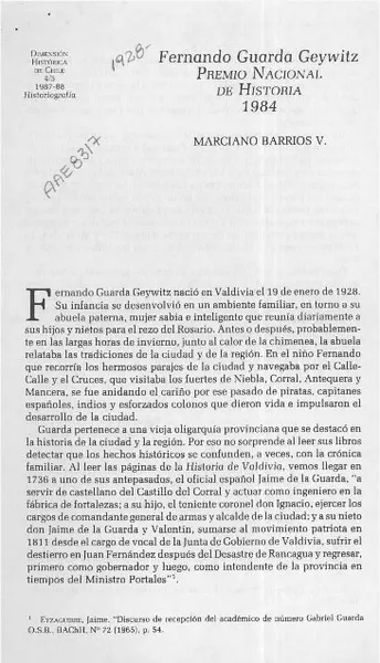 Fernando Guarda Geywitz, Premio Nacional de Historia 1984  [artículo] Marciano Barrios V.