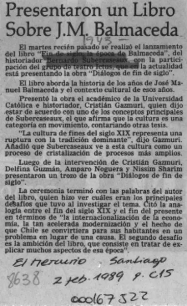 Presentaron un libro sobre J. M. Balmaceda  [artículo].
