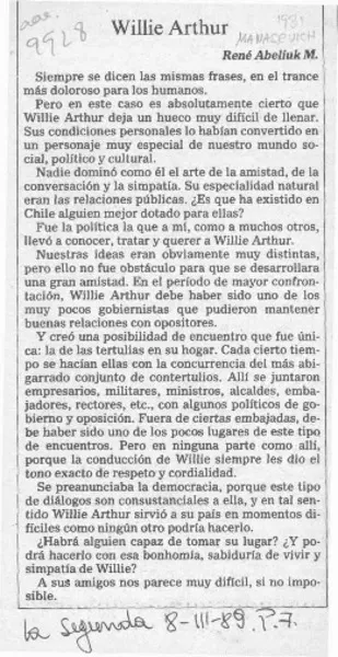 Willie Arthur  [artículo] René Abeliuk M.