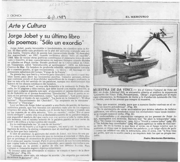 Jorge Jobet y su último libro de poemas, "Sólo un exordio"  [artículo] Pedro Mardones Barrientos.