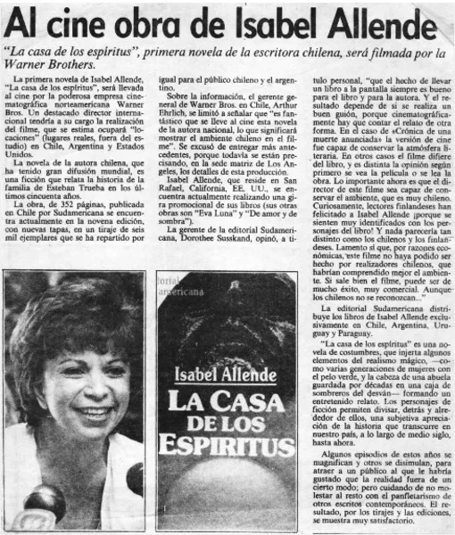 Al cine obra de Isabel Allende  [artículo] Rodolfo Gambetti.