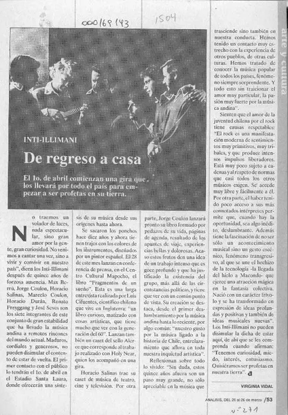 De regreso a casa  [artículo] Virginia Vidal.