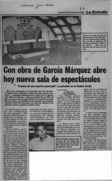 Con obra de García Márquez abre hoy nueva sala de espectáculos  [artículo].