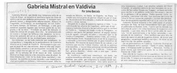Gabriela Mistral en Valdivia  [artículo] Jaime Quezada.