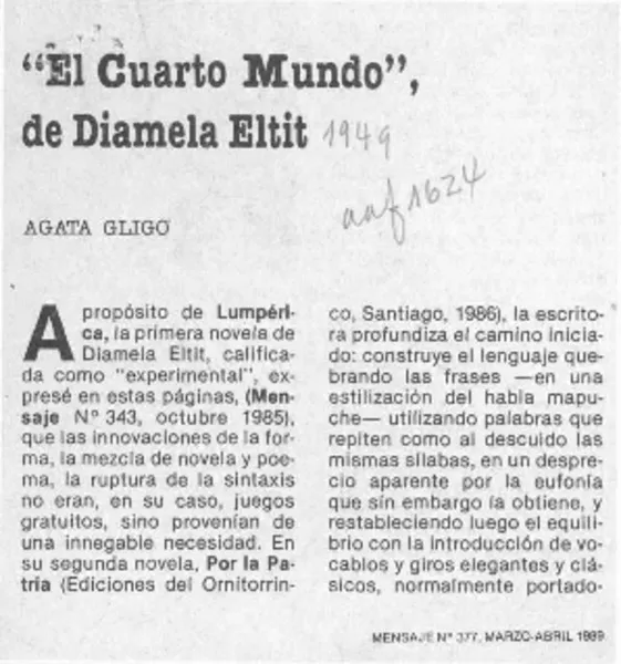 "El cuarto mundo", de Diamela Eltit  [artículo] Agata Gligo.