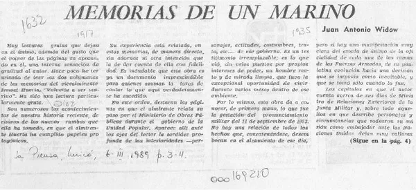 Memorias de un marino  [artículo]Juan Antonio Widow.