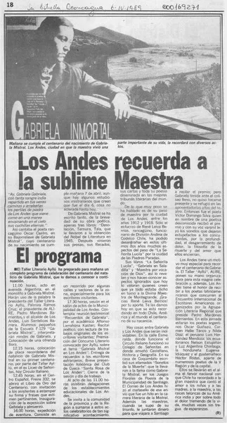 Los Andes recuerda a la sublime maestra  [artículo] R.