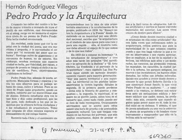 Pedro Prado y la arquitectura  [artículo] Hernán Rodríguez Villegas.