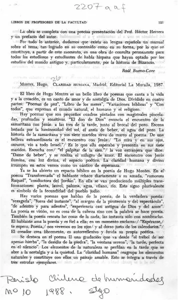 Montes, Hugo, "Claridad humana"  [artículo] María Teresa Lira.